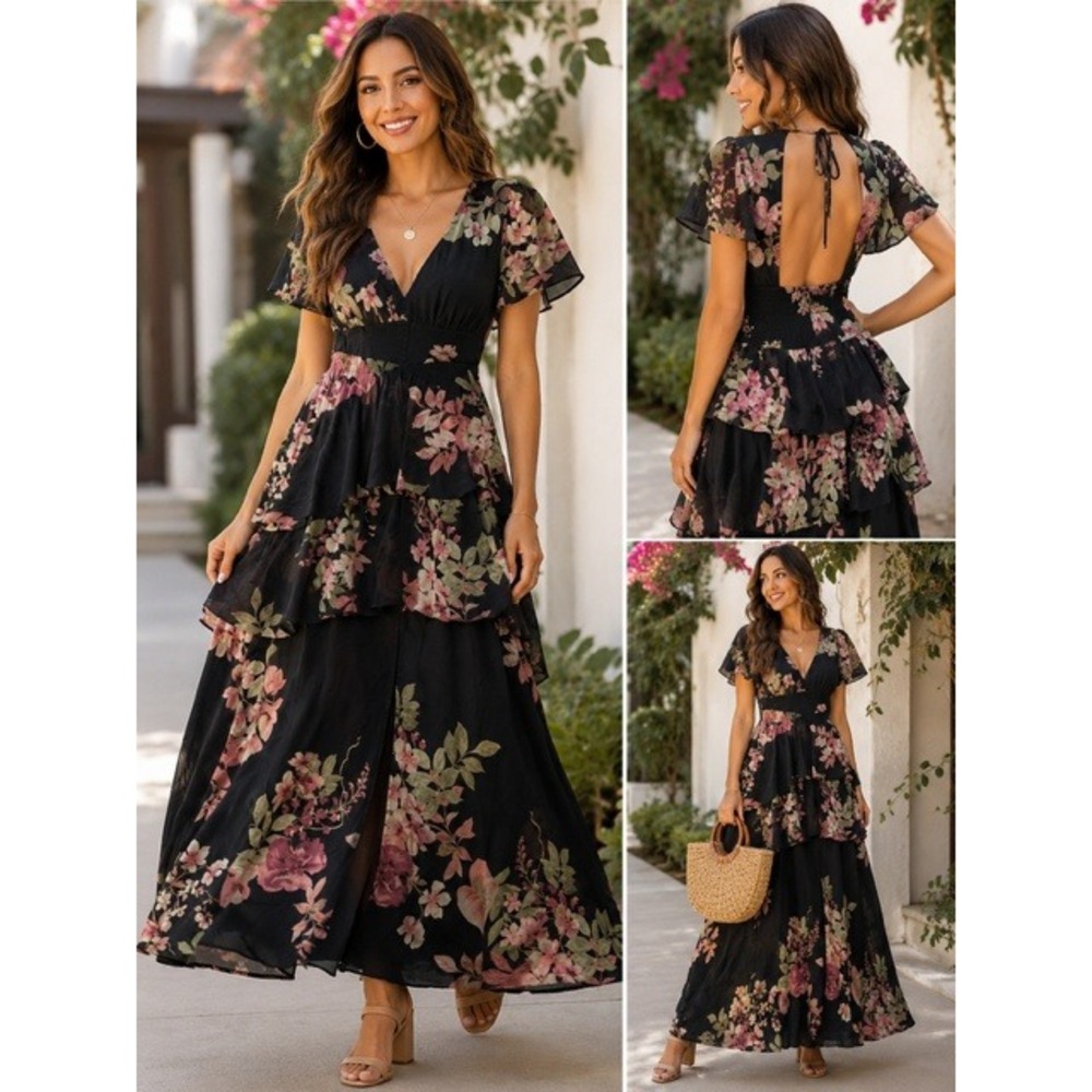 Lulus Black Floral Tiered Maxi Dress Open Back Flutter Sleeve V-Neck Medium